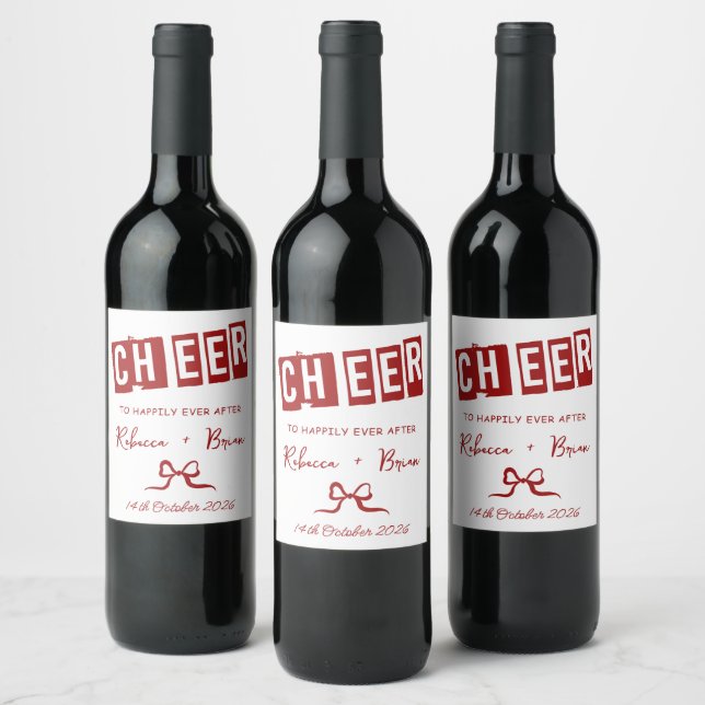 Red & White Hand Drawn Bow Sketch Wedding Wine Label (Bottles)