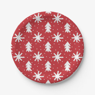 Red White Hand Drawn Christmas Tree Snowflakes Paper Plate