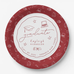 Red White Hand Drawn Grad Party Paper Plate