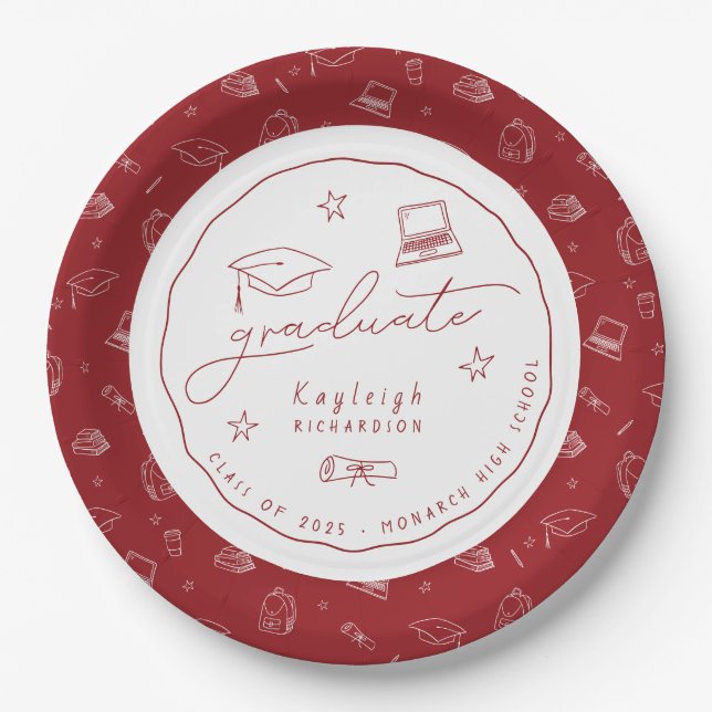 Red White Hand Drawn Grad Party Paper Plate (Front)