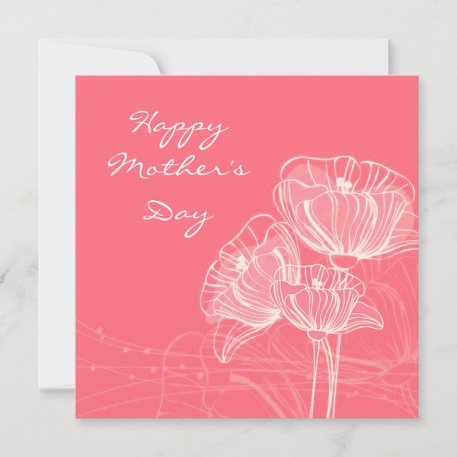 Red & White Hand Painted Linear Flower Mothers Day Holiday Card (Front)