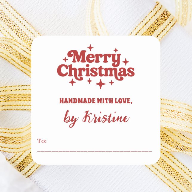 Red white handmade by Christmas gift wrapping Square Sticker (Creator Uploaded)