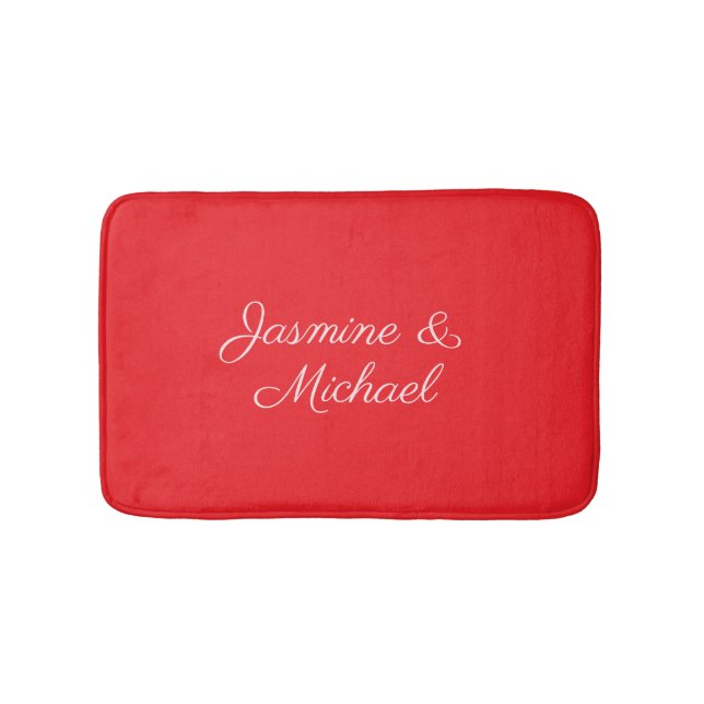 Red & White Handwriting Couple Names Wedding Bath Mat (Front)