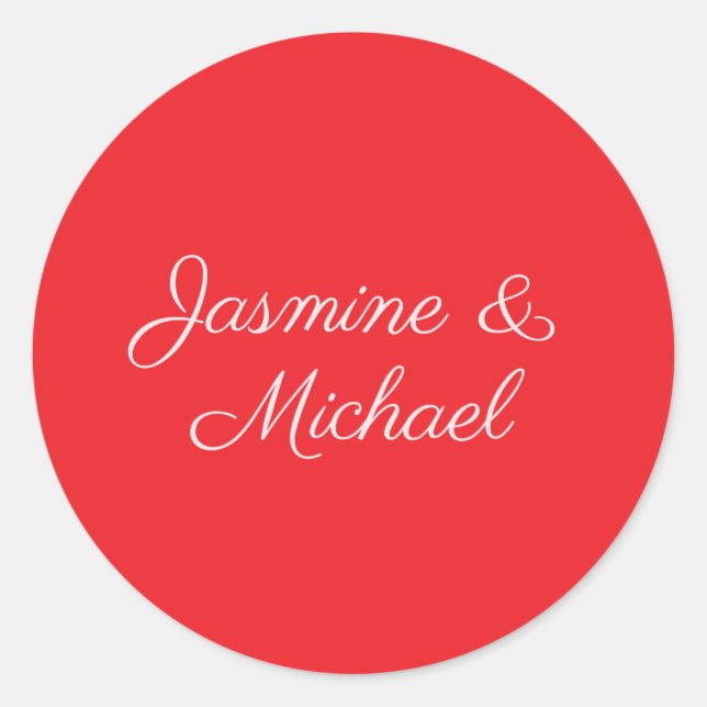 Red & White Handwriting Couple Names Wedding Classic Round Sticker (Front)