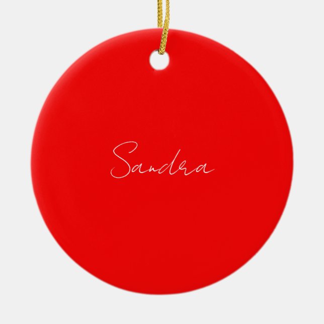 Red White Handwritten Minimalist Your Name Ceramic Tree Decoration (Front)