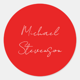Red White Handwritten Minimalist Your Name Classic Round Sticker