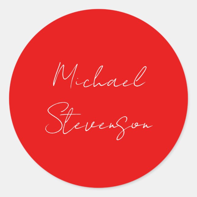 Red White Handwritten Minimalist Your Name Classic Round Sticker (Front)