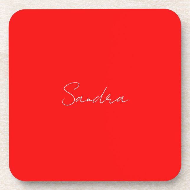 Red White Handwritten Minimalist Your Name Coaster (Front)