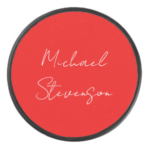 Red White Handwritten Minimalist Your Name Hockey Puck