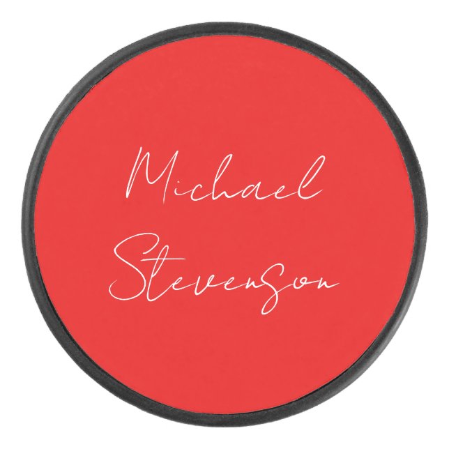 Red White Handwritten Minimalist Your Name Hockey Puck (Front)