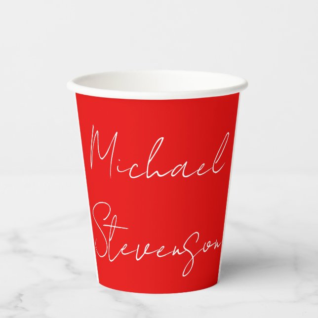 Red White Handwritten Minimalist Your Name Paper Cups (Front)
