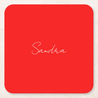 Red White Handwritten Minimalist Your Name Square Paper Coaster