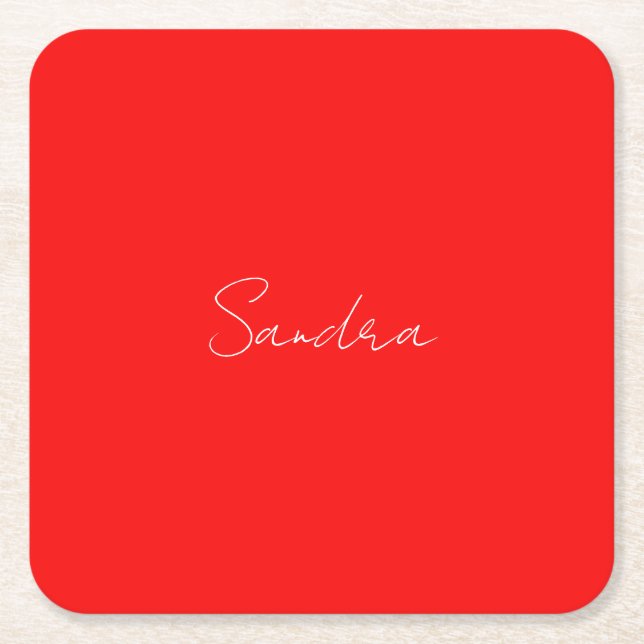 Red White Handwritten Minimalist Your Name Square Paper Coaster (Front)