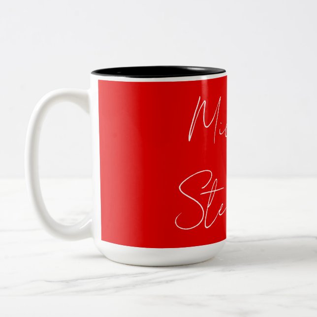 Red White Handwritten Minimalist Your Name Two-Tone Coffee Mug (Left)