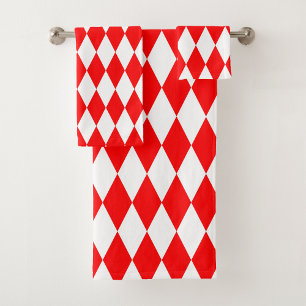 Red White Harlequin Diamonds Checkers Design  Bath Towel Set