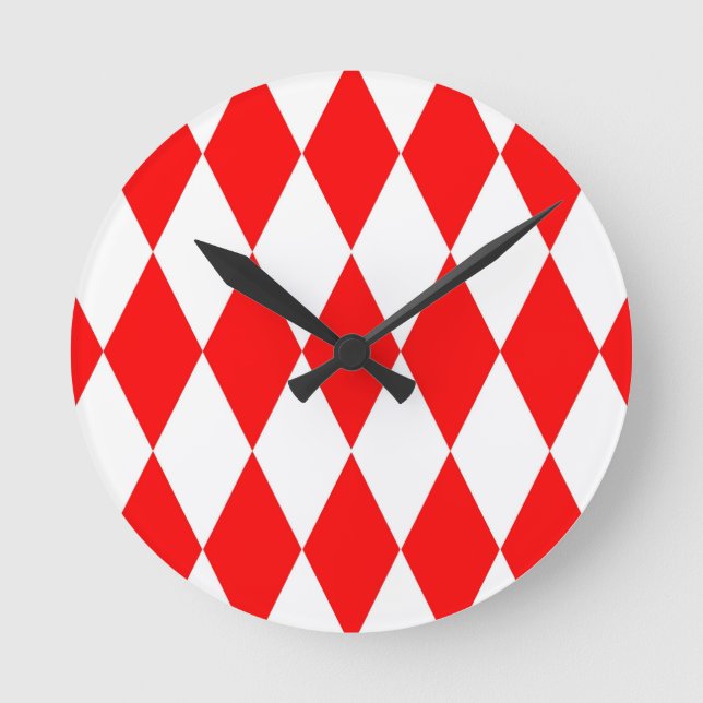 Red White Harlequin Diamonds Checkers Design  Round Clock (Front)