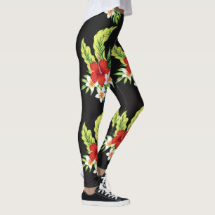 Red & White Hawaiian Hibiscus Pattern Leggings