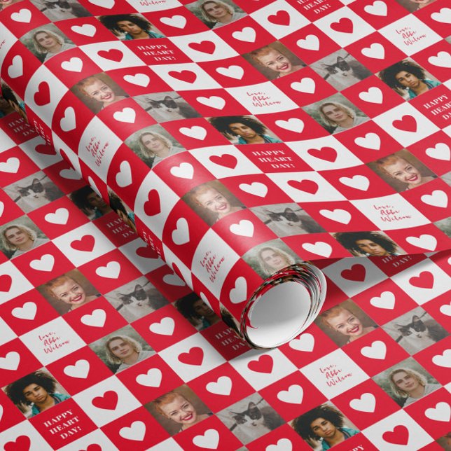 Red White Heart Chequerboard with Photos Valentine Wrapping Paper (Red and white Valentine's Day checkerboard patterned gift wrap with personalized text and photos)