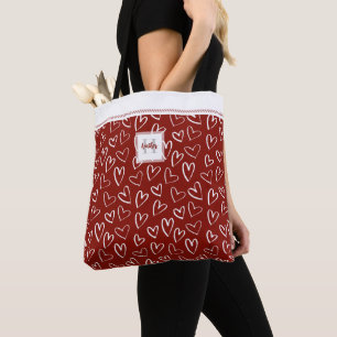 Red White Heart Pattern Monogram Tote Bag