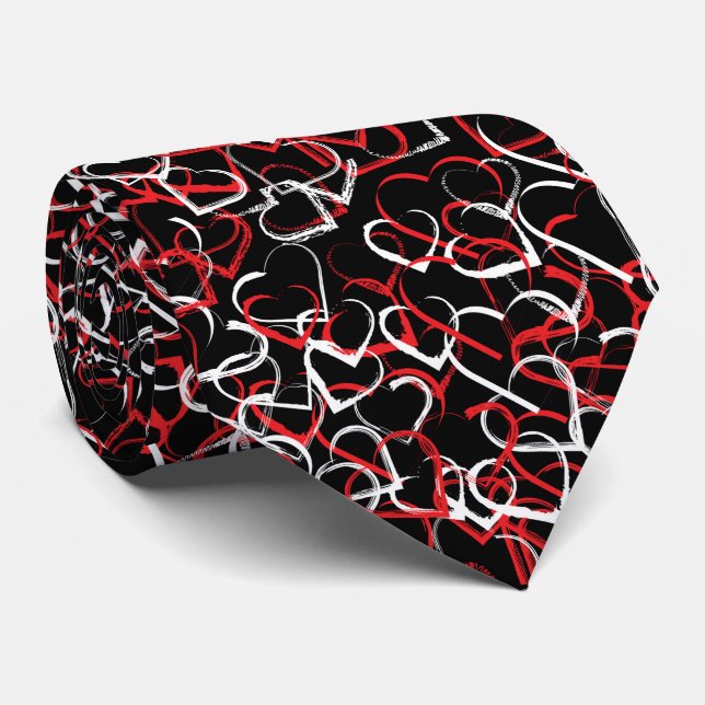 Red white heart pattern on black background tie (Rolled)