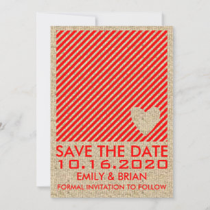 Red white heart striped burlap save the date cards