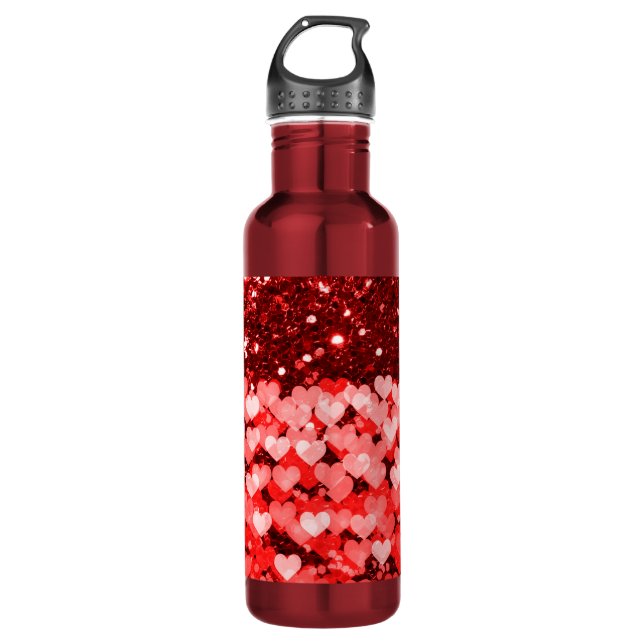 Red & White Hearts Faux Glitter 710 Ml Water Bottle (Front)