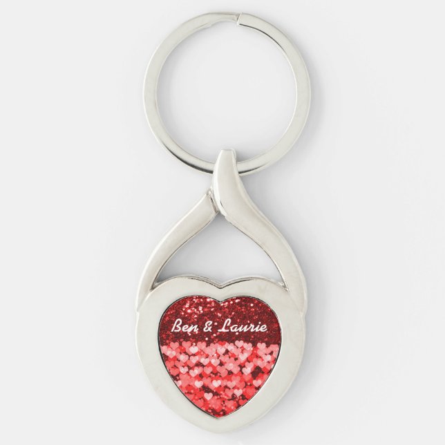 Red & White Hearts Faux Glitter Key Ring (Front)