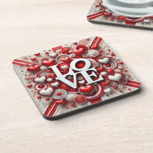 Red White Hearts Love Typography Valentine's Day  Coaster