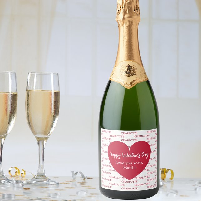Red white hearts name Valentine's Day Sparkling Wine Label (Creator Uploaded)
