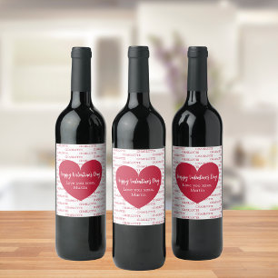 Red white hearts name Valentine's Day Wine Label
