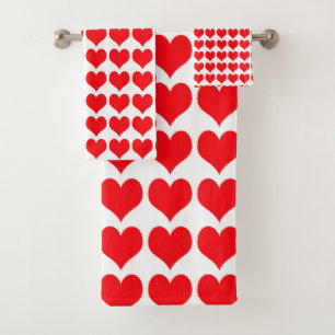 Red White Hearts Pattern Bath Towel Set