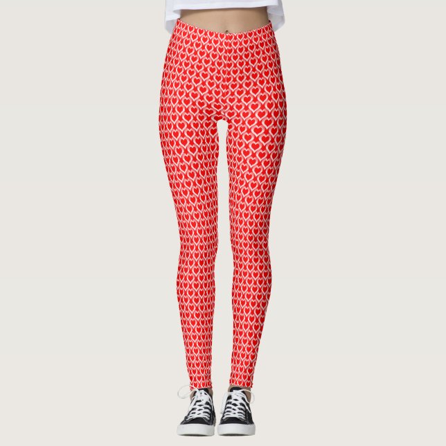 Red White Hearts Pattern Leggings (Front)