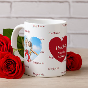 Red white hearts photo name love you coffee mug