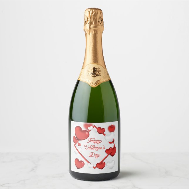 Red & White Hearts with Happy Valentine's Day Sparkling Wine Label (Front)