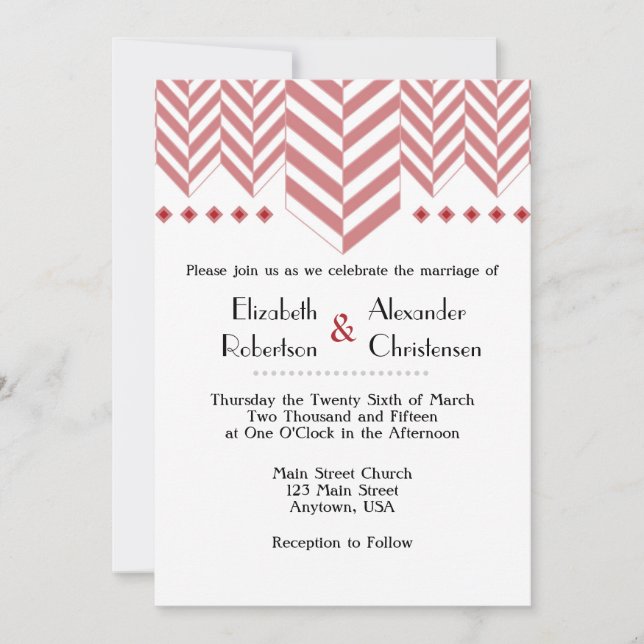 Red White Herringbone Wedding Invitation (Front)