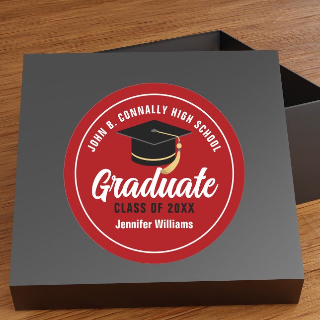 Red White High School Graduate Custom Graduation Classic Round Sticker (Creator Uploaded)