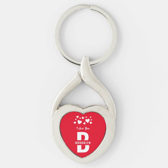 Red White Hipster Monogram Happy Valentine's Day Key Ring (Front)