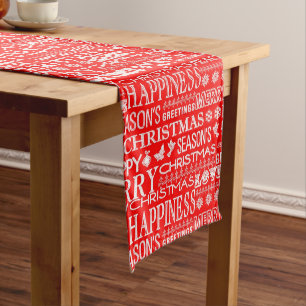 Red & White Holiday Christmas Text Pattern Medium Table Runner
