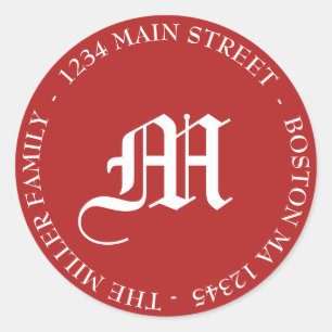 Red & White Holiday Monogram Return Address Classic Round Sticker