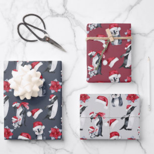 Red & White Holiday Penguins  Wrapping Paper Sheet