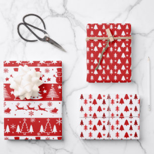 Red White Holiday Trees, Sleigh, and Snowmen Wrapping Paper Sheet
