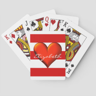 Red White Horiz Stripe Red Metallic Heart Monogram Playing Cards