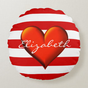 Red White Horiz Stripe Red Metallic Heart Monogram Round Cushion