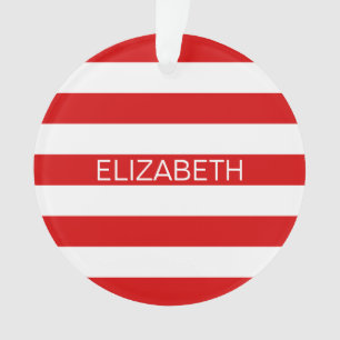 Red White Horizontal Preppy Stripe Name Monogram Ornament