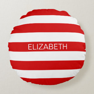 Red White Horizontal Preppy Stripe Name Monogram Round Cushion
