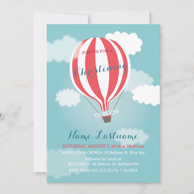 Red White Hot Air Balloon Christening Invitation (Front)