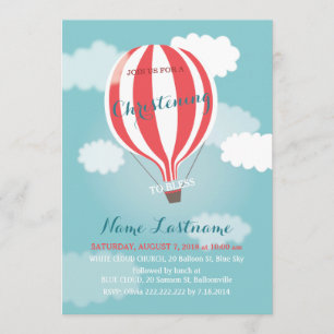 Red White Hot Air Balloon Christening Invitation