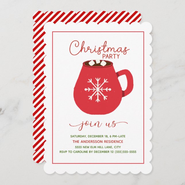 Red White Hot Cocoa Scalloped Christmas Party Invitation (Front/Back)