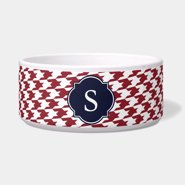 Red & White Houndstooth Monogram Large Dog Bowl (Front)