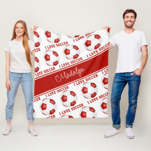 red white I love soccer text pattern Fleece Blanket